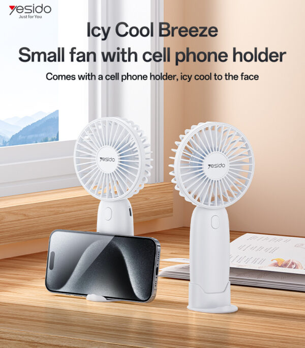 Yesido YF15 Handheld Mini Fan with Phone Holder – 3-Speed, 1200mAh Battery, Portable & Adjustable - Image 2