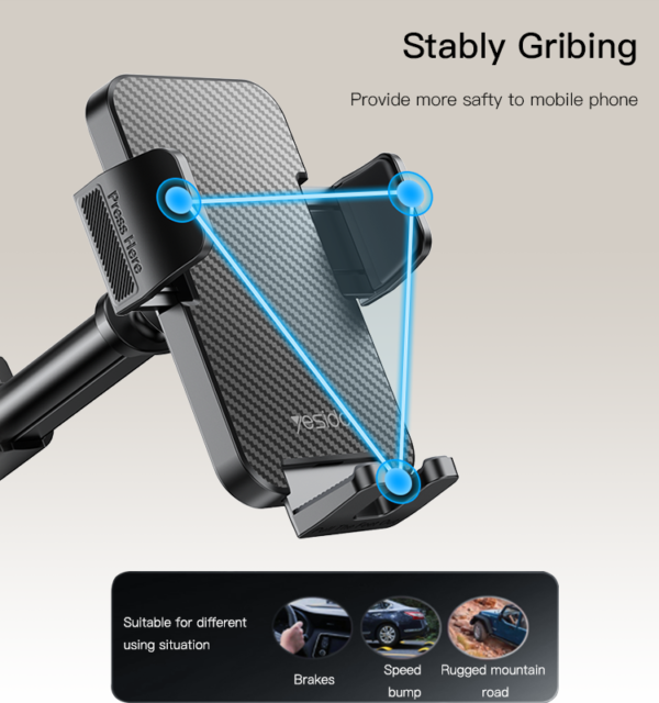 Yesido C173 Car Phone Holder – Carbon Fiber Texture, Dashboard/Windshield Mount, 360° Rotation, Anti-Slip Clip Stand for All Phones - Image 8