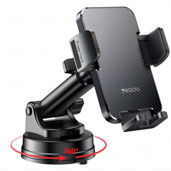 Yesido C173 Car Phone Holder – Carbon Fiber Texture, Dashboard/Windshield Mount, 360° Rotation, Anti-Slip Clip Stand for All Phones