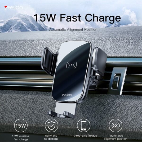 Yesido C186 - 15W Wireless Charging Phone Holder for Car | Suction Cup & Air Vent Mount | Auto Clamp - Image 2